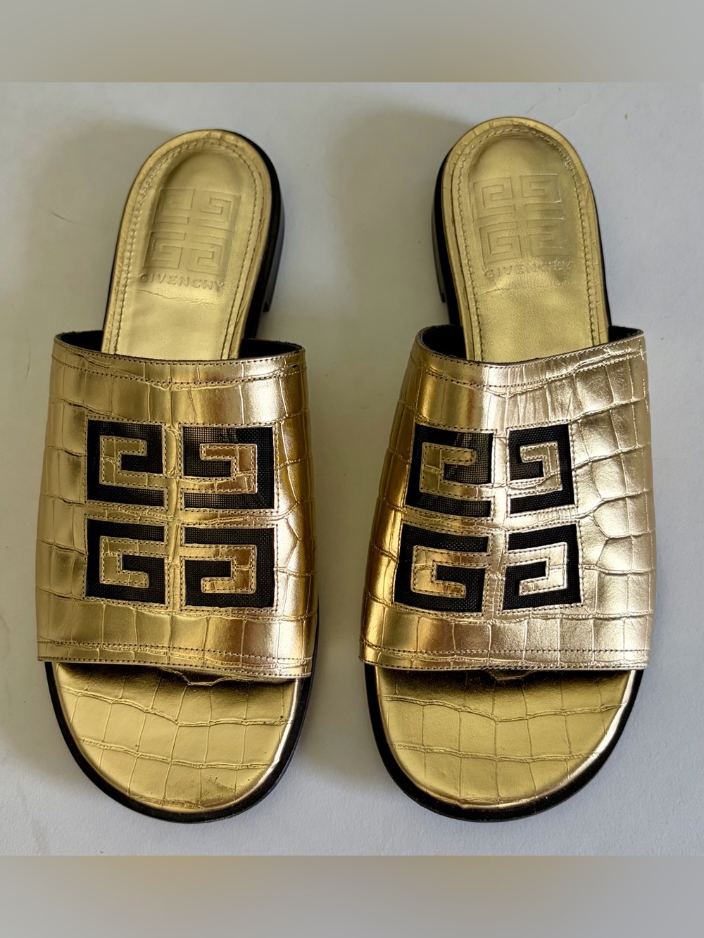 Givenchy Metallic Gold Croc-Embossed Logo Slide Mules 38